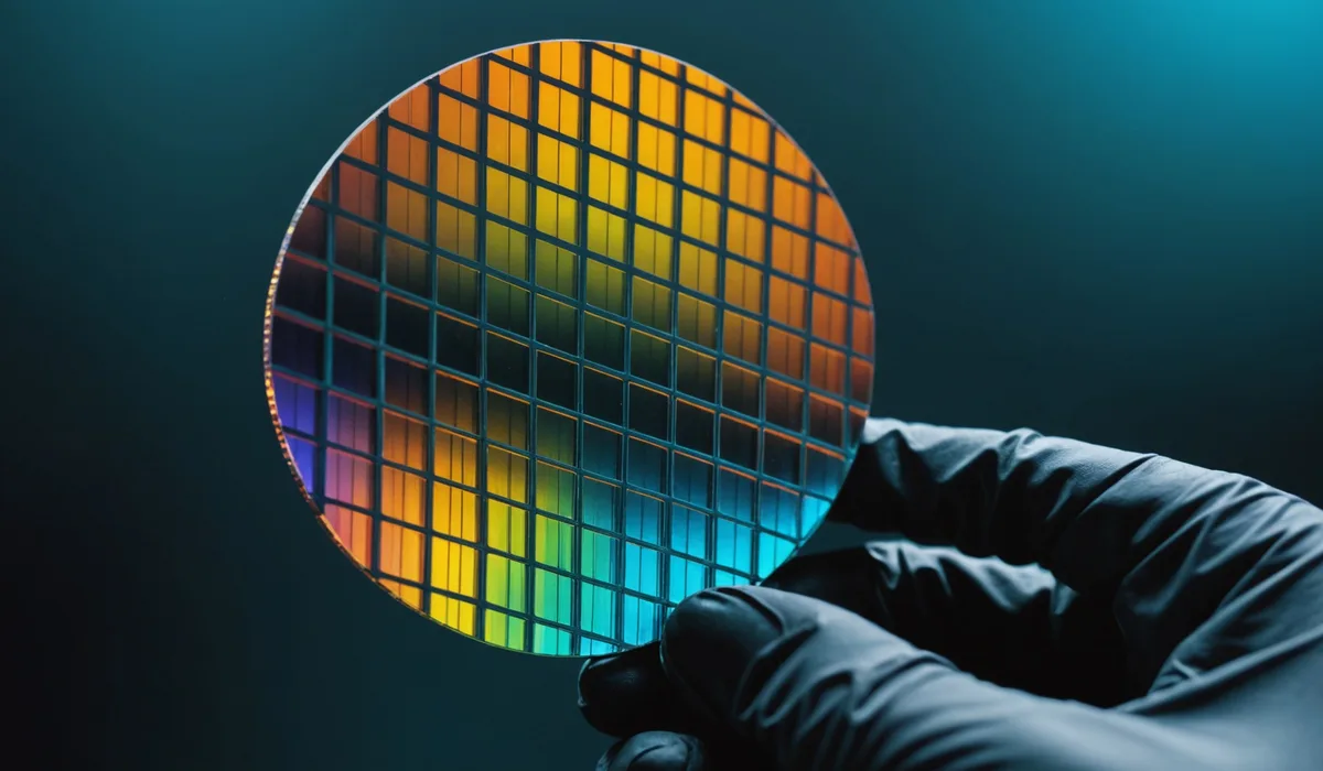 GaN-on-SiC semiconductor wafer under inspection lighting
